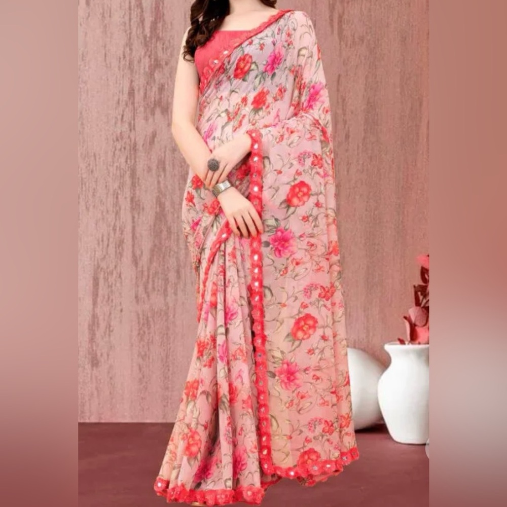 Floral Pink and Red Saree with Top